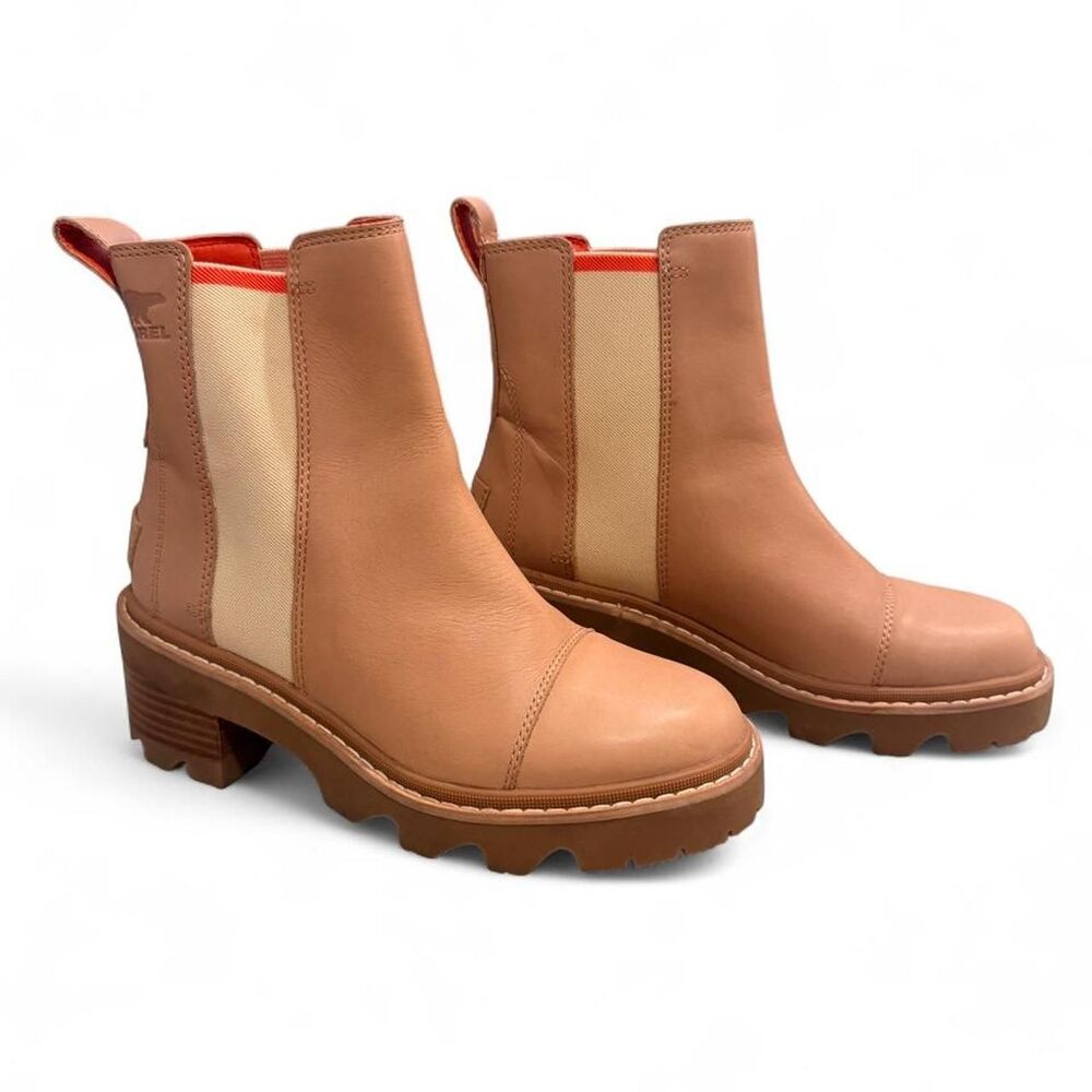 Sorel Joan Now Chelsea Tan Leather Lug Sole Boots Size 7